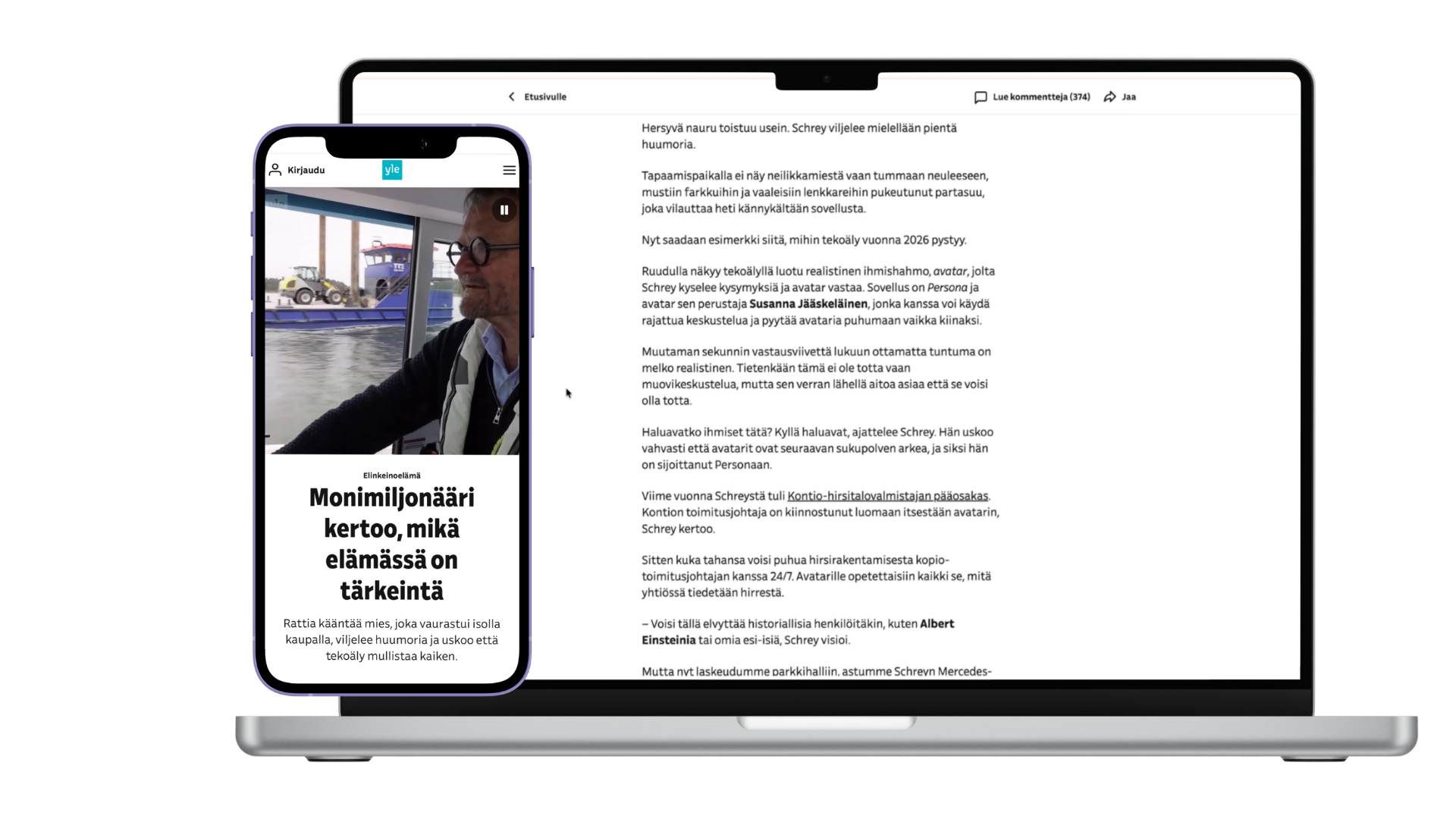 YLE article about AI avatars shown on laptop and phone